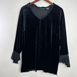 IMPRESSIONS Womens Velvet Top Bell Sleeve V-Neck Ruffled 1X Relaxed Stretch Boho